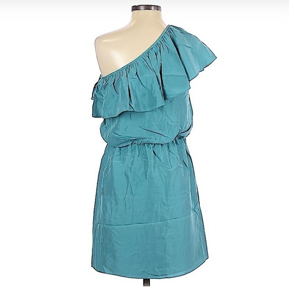 𝅺TIBI New York Turquoise Washed Silk One Shoulder Dress Size 2 - Picture 2 of 7